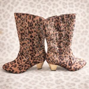 NWOT Joan Boyce Animal Print Mid-Calf Rhinestone Mirrored Heel Boots 7.5